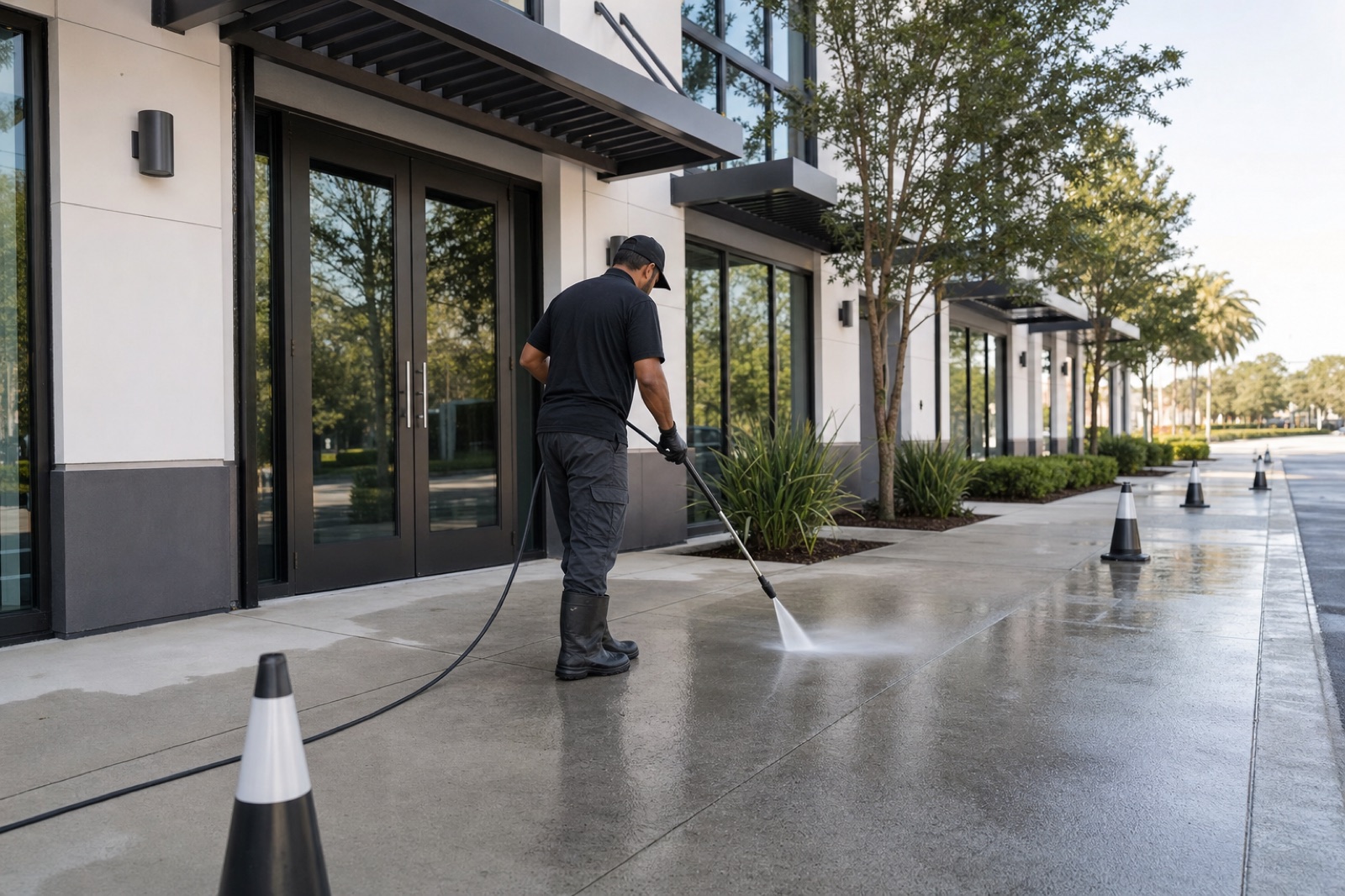 Technician pressure washing a modern commercial storefront walkway