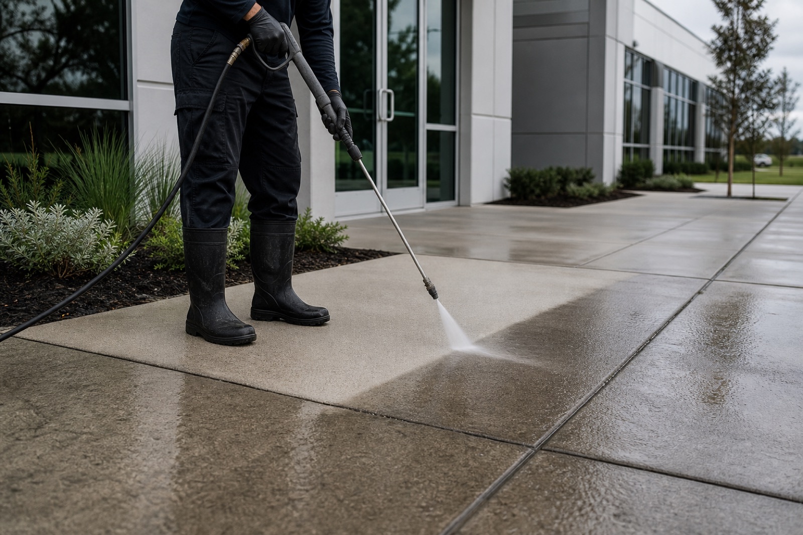Technician pressure cleaning concrete outside a modern commercial building