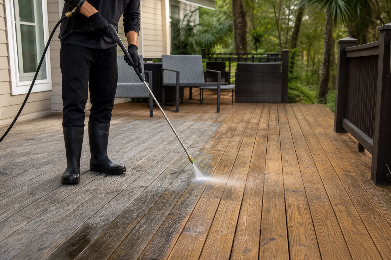 Technician carefully cleaning weathered wood deck boards at a Florida home