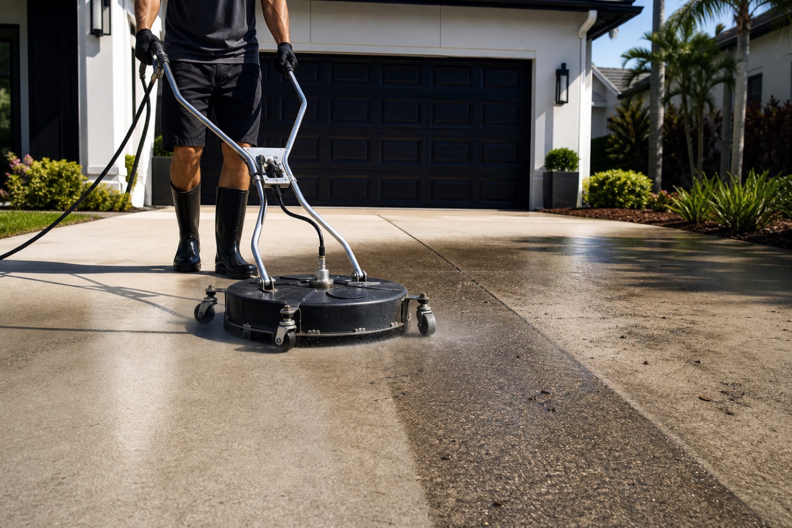 Professional surface cleaner removing buildup from a Tampa-area concrete driveway
