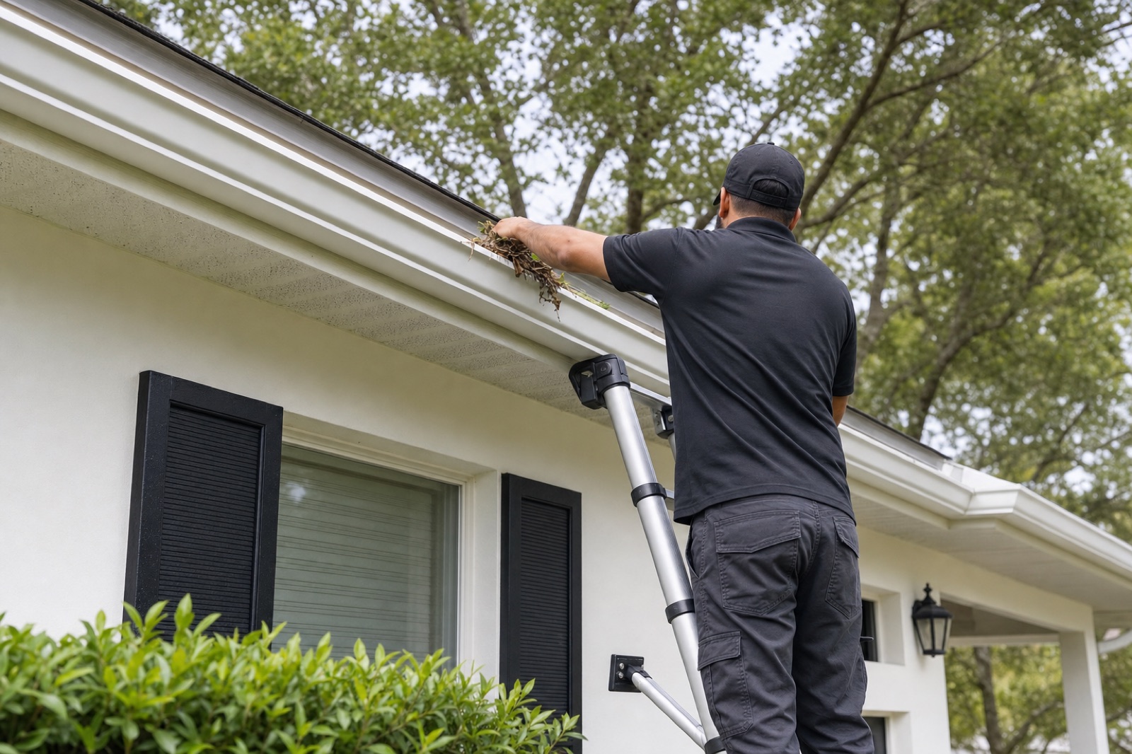 Technician safely removing leaves from a white gutter on a Florida home