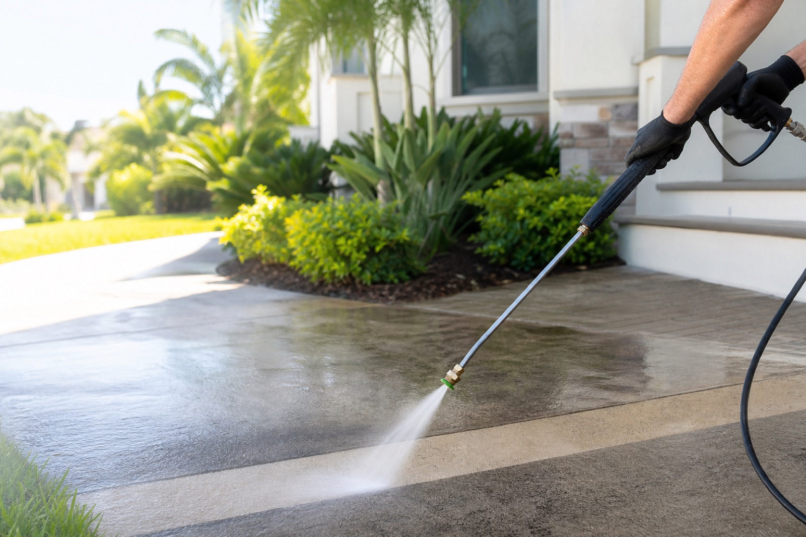 Technician pressure washing a concrete walkway outside a Tampa-area home