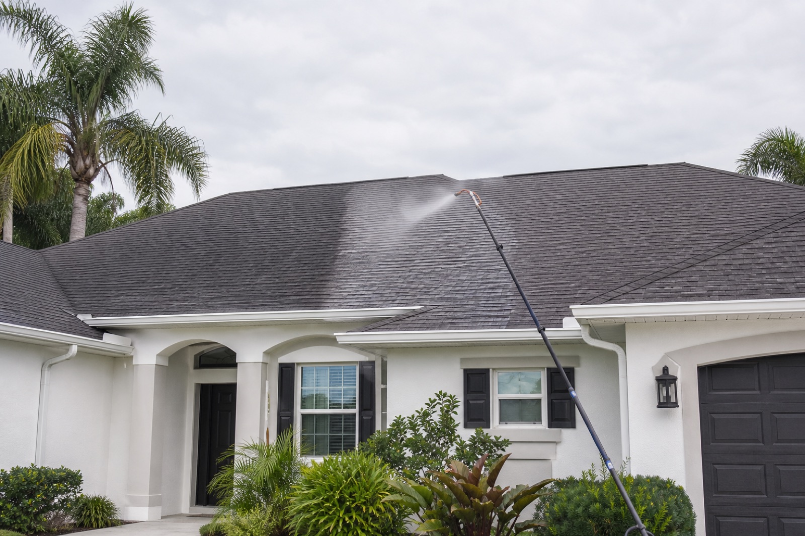 Low-pressure roof cleaning applied from the ground to a Florida shingle roof